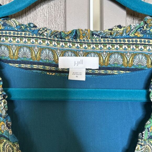 J Jill Midi Dress A Line Lined Blue and Green Short Sleeve Resort Size Medium - Picture 3 of 9